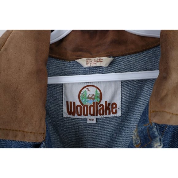 Vtg 90s Streetwear Mens Medium Distressed Leather Collar Denim Trucker Jacket - Picture 4 of 12